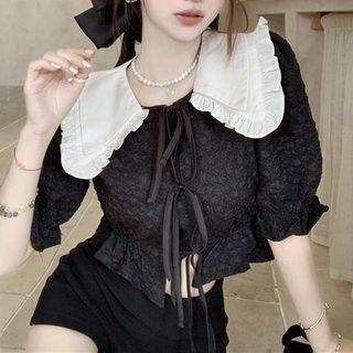 Peter-pan-collar Contrast Lace Up Top