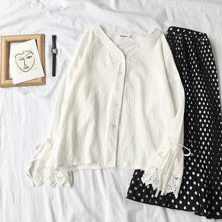Long-sleeve Lace Panel V-neck Blouse