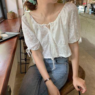 Eyelet Short-sleeve Drawstring Cropped Blouse White - One Size