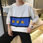 Cat Print Color Panel Elbow Sleeve T-shirt