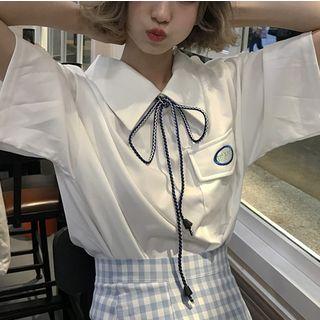 Elbow-sleeve Collared Pocketed Top