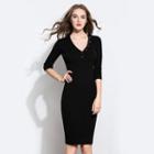 3/4-sleeve Sequined V-neck Plain Dress