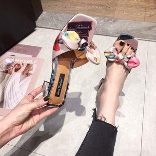 Printed Bow-accent Block Heel Slide Sandals