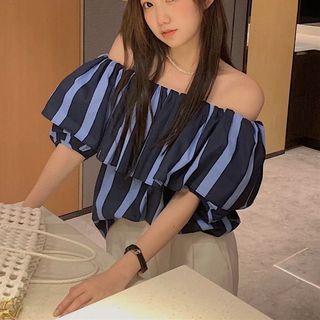 Short-sleeve Cold Shoulder Striped Top Stripe - Purple & Blue - One Size