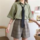 Pocket Detail Elbow-sleeve Shirt With Tie / Plaid Wide-leg Shorts