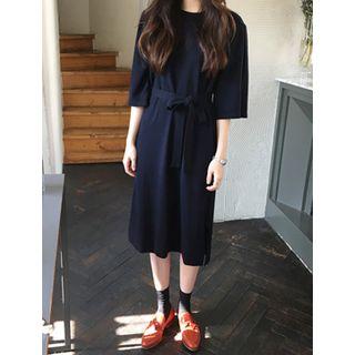 Elbow-sleeve Midi Dress With Sash