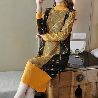 Mock-neck Color Panel Midi Sweater Dress