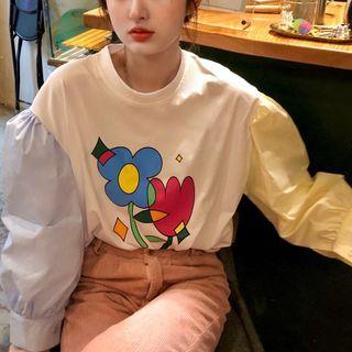 Long-sleeve Printed Panel T-shirt White & Blue & Yellow - One Size
