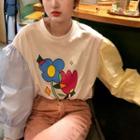 Long-sleeve Printed Panel T-shirt White & Blue & Yellow - One Size