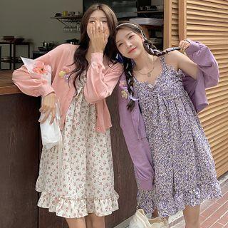 Spaghetti-strap Bow Panel Floral Dress / Long-sleeve Embroidered Flower Cardigan