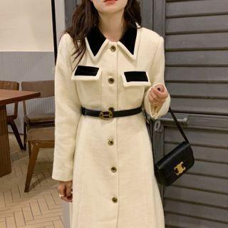 Set: Button-up Long Coat + Belt With Belt - Milky White - One Size