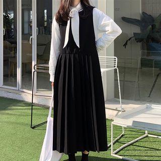 Tie-neck Blouse / Sleeveless Midi Pleated Dress