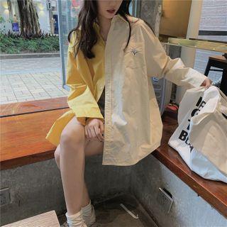 Flower Embroidered Two-tone Oversize Shirt Yellow & White - One Size