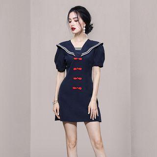 Puff-sleeve Sailor Collar Frog Buttoned A-line Dress