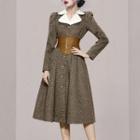Set: Long-sleeve Houndstooth Button-up A-line Dress + Corset Belt