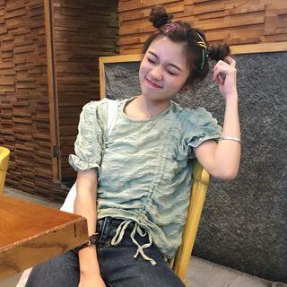 Frilled Drawstring Puff-sleeve Top Green - One Size