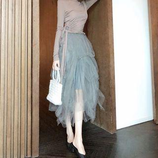 Asymmetric Hem Midi Tiered Mesh Skirt Gray - One Size