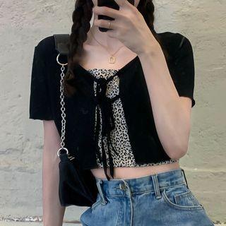 Leopard Print Spaghetti-strap Mini Dress / Leopard Print Camisole Top / Long-sleeve Tie-strap Cardigan / Short-sleeve Tie-strap Cardigan