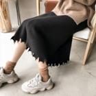 Fray-hem Midi A-line Knit Skirt