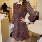 Contrast Wide-cuff Floral Chiffon Dress