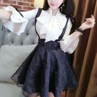 Set: 3/4-sleeve Ribbon-neck Shirt + Plaid Jumper Mini Skirt