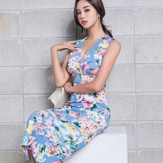 V-neck Flower Print Sleeveless Midi Sheath Dress