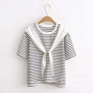 Tie Neck Short-sleeve Striped T-shirt
