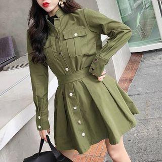 Set: Plain Buttoned Jacket + Mini A-line Pleated Skirt