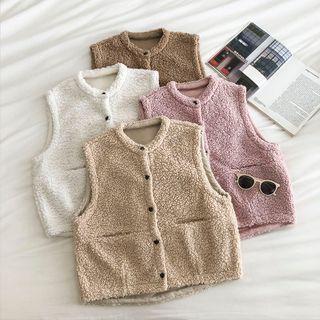 Plain Crewneck Single-breasted Faux Shearling Vest