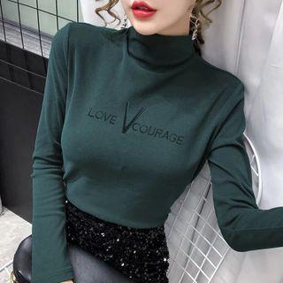 Mock-neck Long-sleeve Letter Embroidered T-shirt
