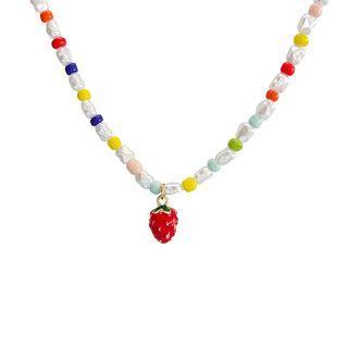 Strawberry Pendant Faux Pearl Bead Necklace White & Red & Yellow - One Size