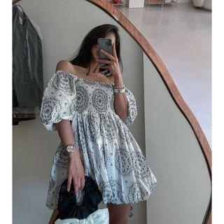 Puff-sleeve Off Shoulder Paisley Puff A-line Dress
