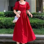 Square-neck Lace Trim Midi A-line Dress Red - One Size