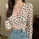Long-sleeve Floral Print Knit Top Tangerine Floral - White - One Size