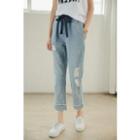 Distressed Drawstring Cropped Jeans