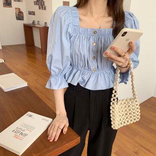 Elbow-sleeve Square-neck Ruffle Hem Cropped Blouse Light Blue - One Size
