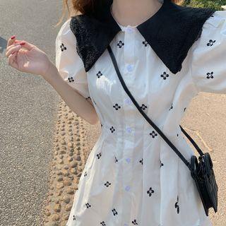 Puff-sleeve Embroidered A-line Shirtdress