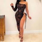 Leaves Print One-shoulder Long Sleeve Side-slit Cut-out Sheath Midi Dress