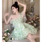One-shoulder Ruffle Floral Mini A-line Dress Green - One Size