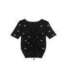Flower Embroidered Drawstring Short-sleeve T-shirt Black - One Size