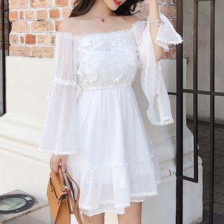 Off-shoulder Long-sleeve A-line Chiffon Dress