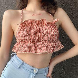 Halter-neck Floral Print Plaid Ruffled Crop Camisole Top