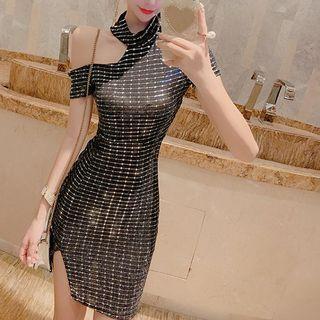 Glitter Cold-shoulder Short-sleeve Mini Sheath Dress