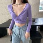 Long-sleeve Knot-front Knit Crop Top