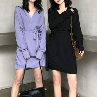 Long-sleeve Drawstring Waist Plain Dress