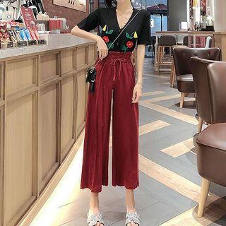 Flower Embroidered Short-sleeve Cardigan / Cropped Wide-leg Pants / Set