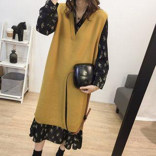 Set: Flora Long-sleeve Midi Dress + Knit Vest