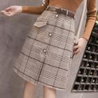 Button-front Plaid A-line Skirt