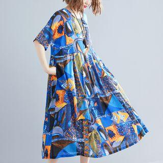 Short-sleeve Midi Printed Dress Blue - One Size