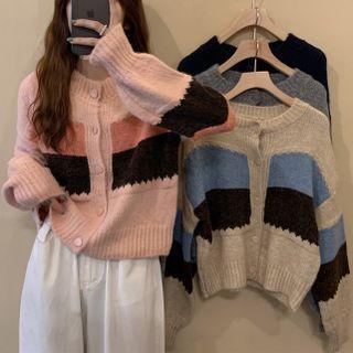 Knitted Striped Crew-neck Cardigan